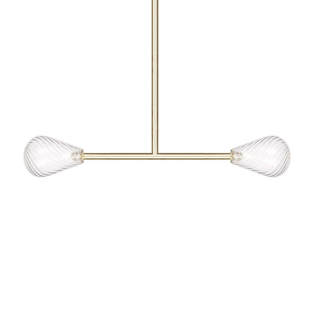 Leverint Kingston Sealed Rod Pendant 2 Way, studio shot on white of two clear teardrop shaped twisted ribbed glass shades at the ends of a brass toned horizontal bar with a single central rod