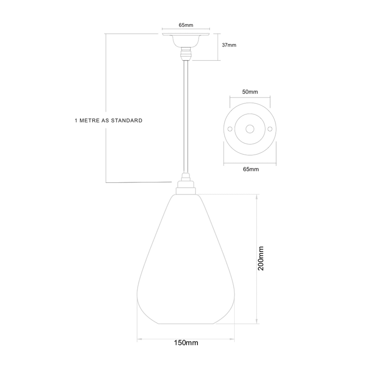 Dimension drawing of the Leverint Kingston Small Pendant showing a 150mm wide, 200mm high shade, 1 metre standard drop and ceiling rose sizes