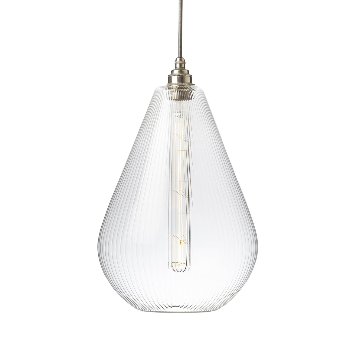 Leverint Kingston teardrop pendant in fine ribbed clear glass with a nickel toned fitting and grey cable, studio shot on white