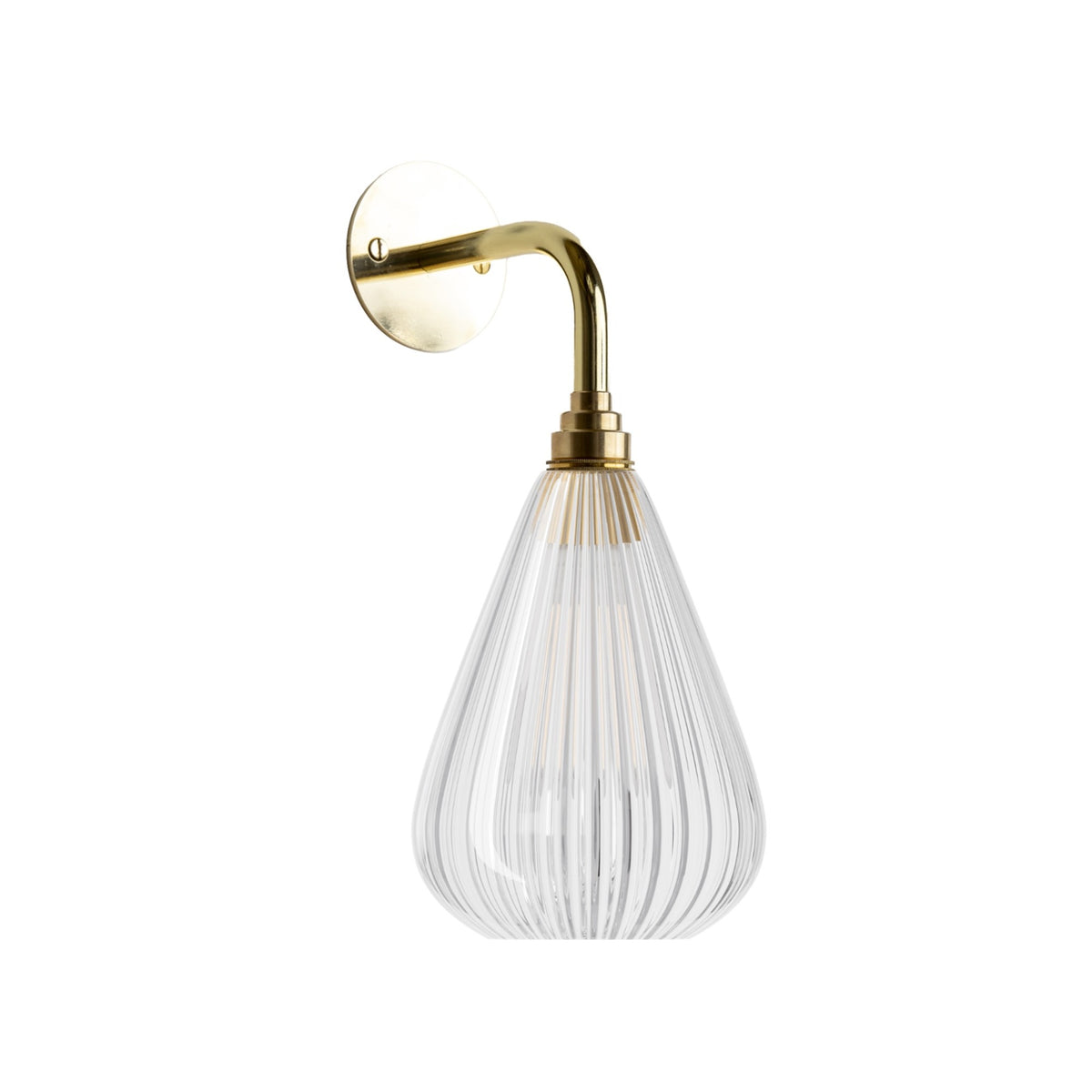 Leverint Kingston Wall Light in ribbed glass with broad vertical ribs on a polished brass arm, studio image on white