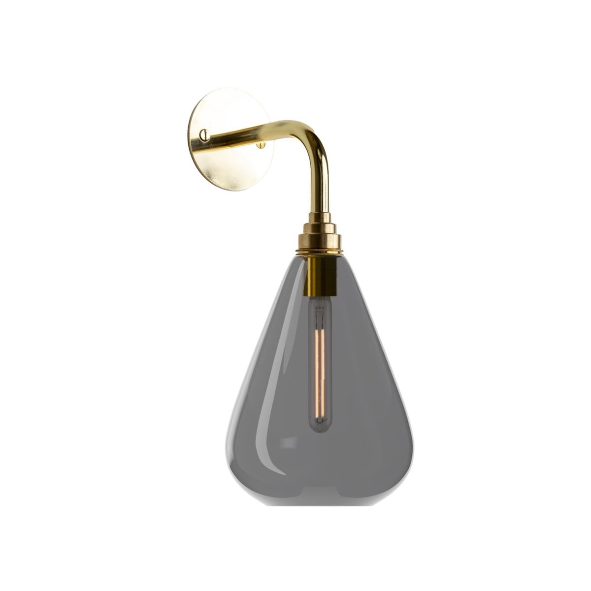 Leverint Kingston Wall Light in smoky transparent black glass on a polished brass arm, with the filament bulb visible inside, studio image on white