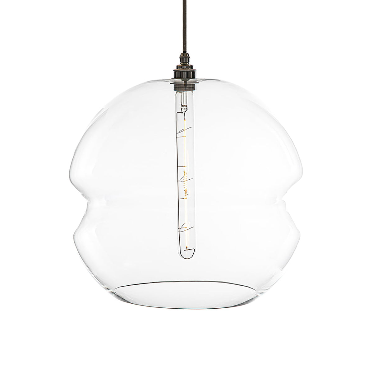 Leverint Monument pendant in clear hand blown glass with a pinched waist double bulge shade, dark bronze toned fitting and dark fabric cable, studio shot on white