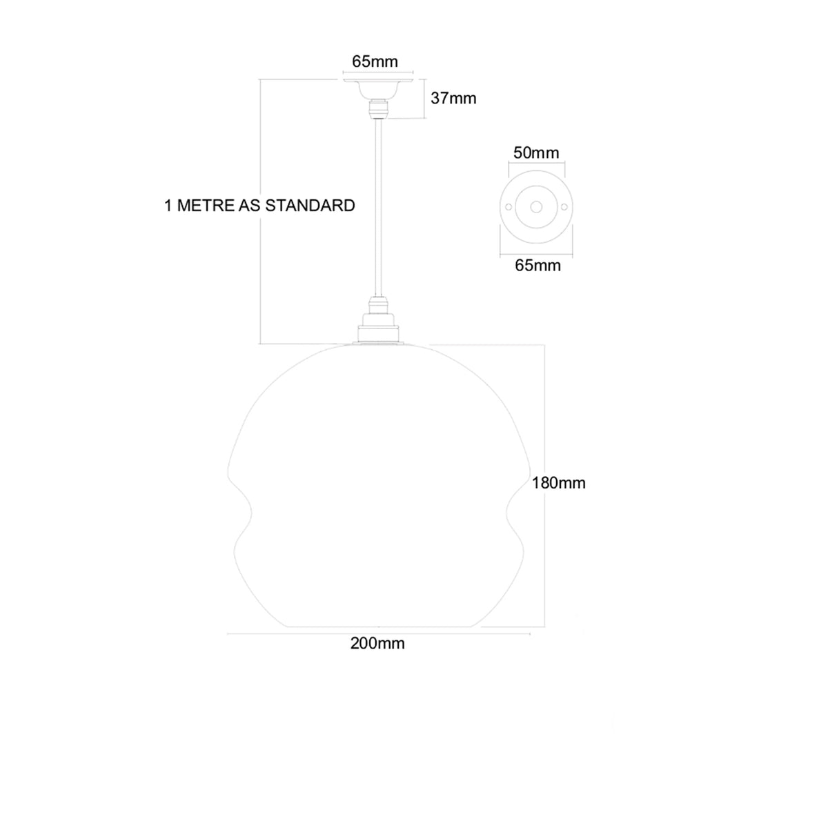 Dimension drawing of the Leverint Monument Medium Pendant showing a 200mm wide, 180mm high shade, 1 metre standard drop and ceiling rose sizes