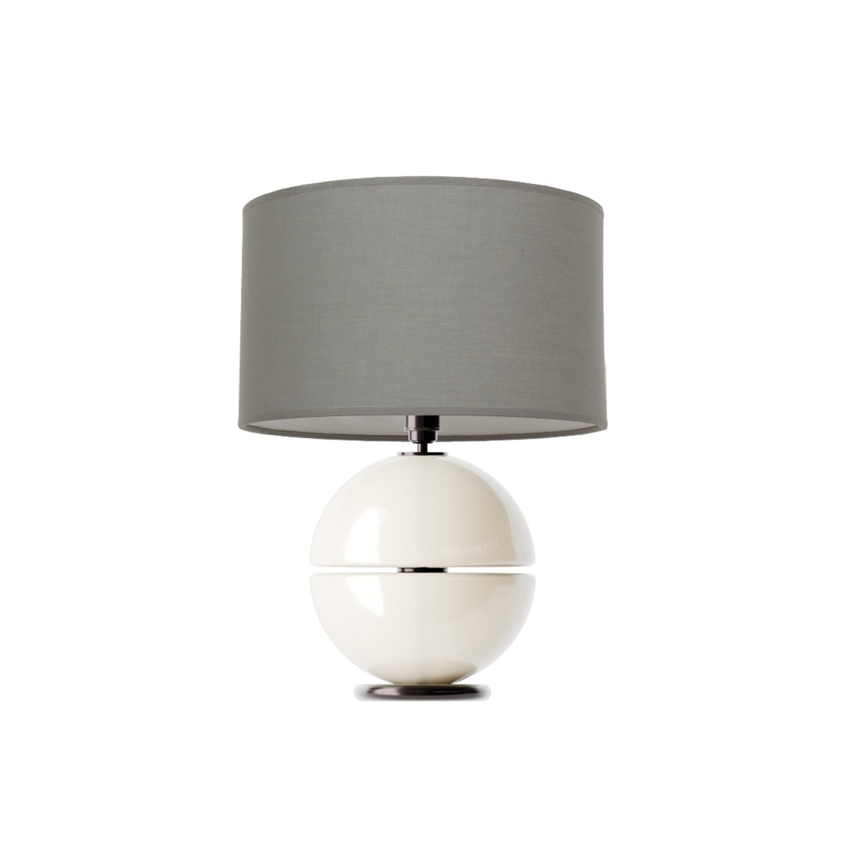 Leverint Oxford Table Lamp in opaque white hand blown glass, two gloss white domes on a dark plated base, studio shot