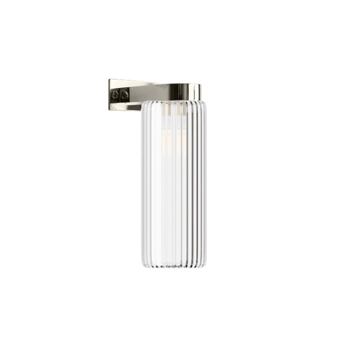 Leverint Piccadilly Deco Wall Light with a ribbed glass cylinder on a flat polished nickel bracket, studio image on white