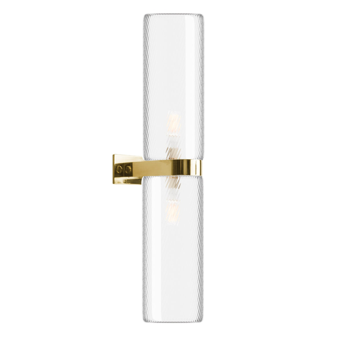 Leverint Piccadilly Duo Deco Wall Light in fine ribbed glass on a polished brass bracket, studio image on white