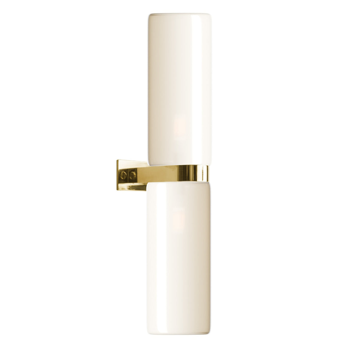 Leverint Piccadilly Duo Deco Wall Light in opaque white glass on a polished brass bracket, studio image on white