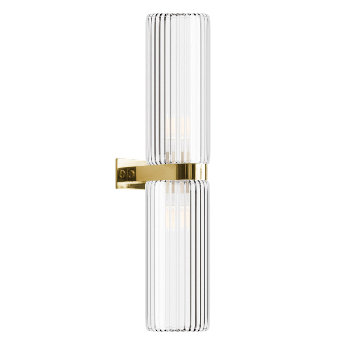 Leverint Piccadilly Duo Deco Wall Light in ribbed glass on a polished brass bracket, studio image on white