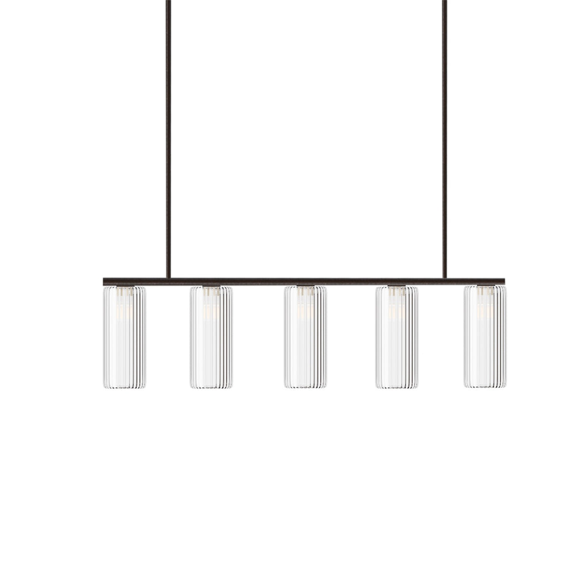 Leverint Piccadilly Sealed Rod Pendant 5 Way, studio shot on white of five ribbed clear glass cylinders hanging in a row beneath a dark bronze toned horizontal bar held by two rods
