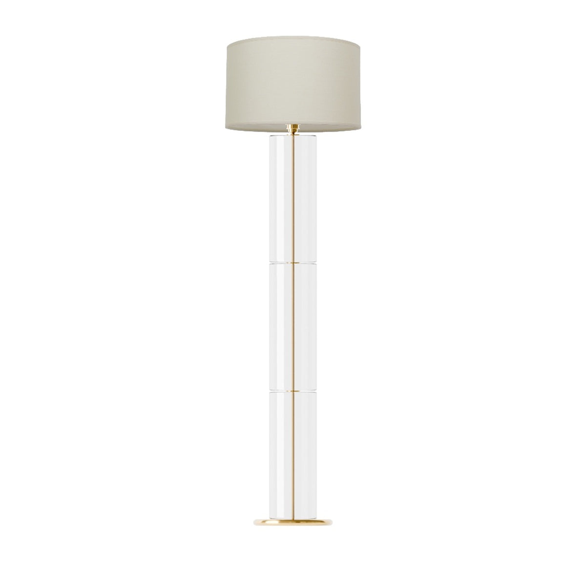 Leverint Piccadilly Trio Floor Lamp in clear glass, three stacked glass cylinders with a thin metal line through the centre on a brass coloured round base, studio shot on white with a cream drum shade shown (not included)