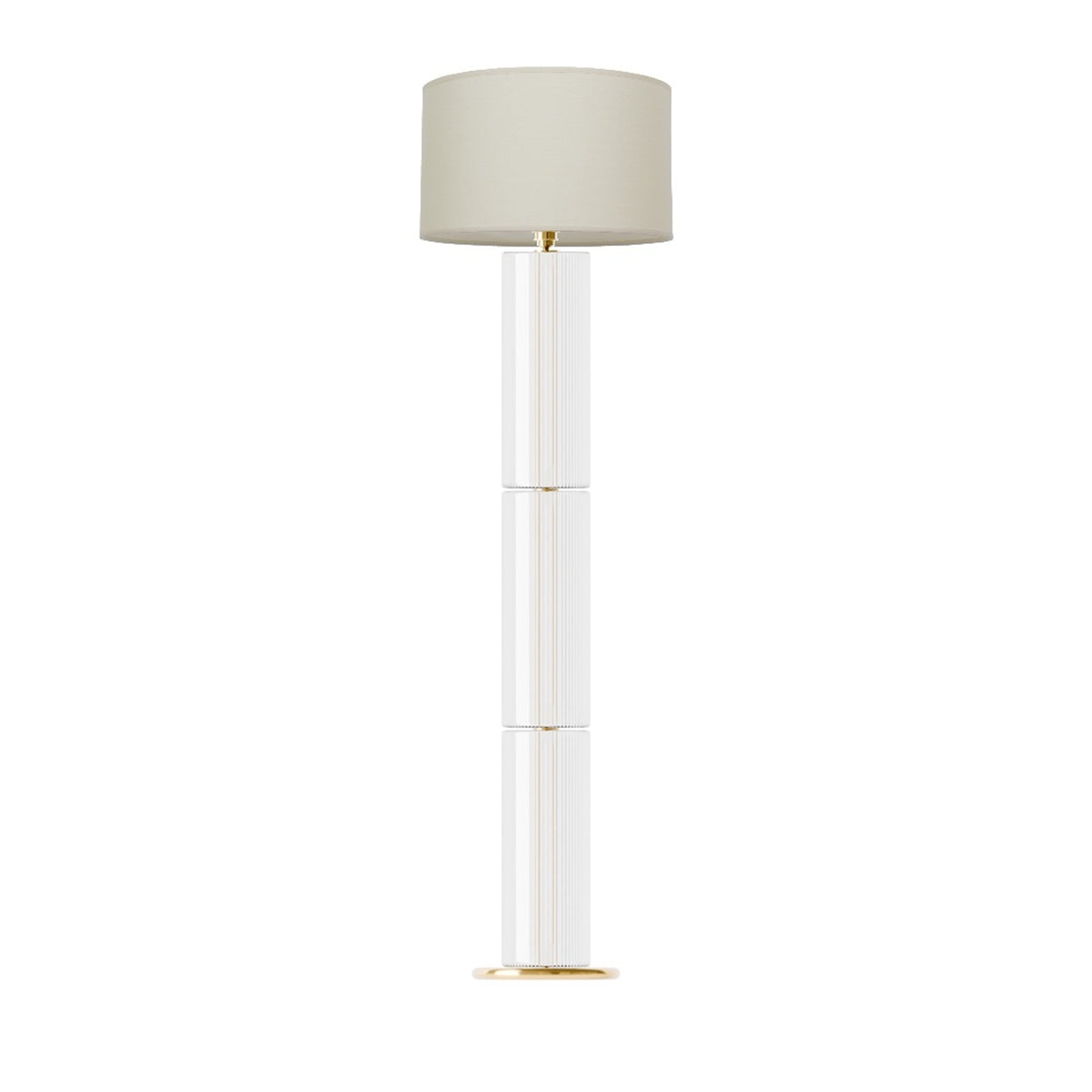 Leverint Piccadilly Trio Floor Lamp in fine ribbed glass, three stacked cylinders with fine vertical ribs, studio shot on white with a cream drum shade shown (not included)