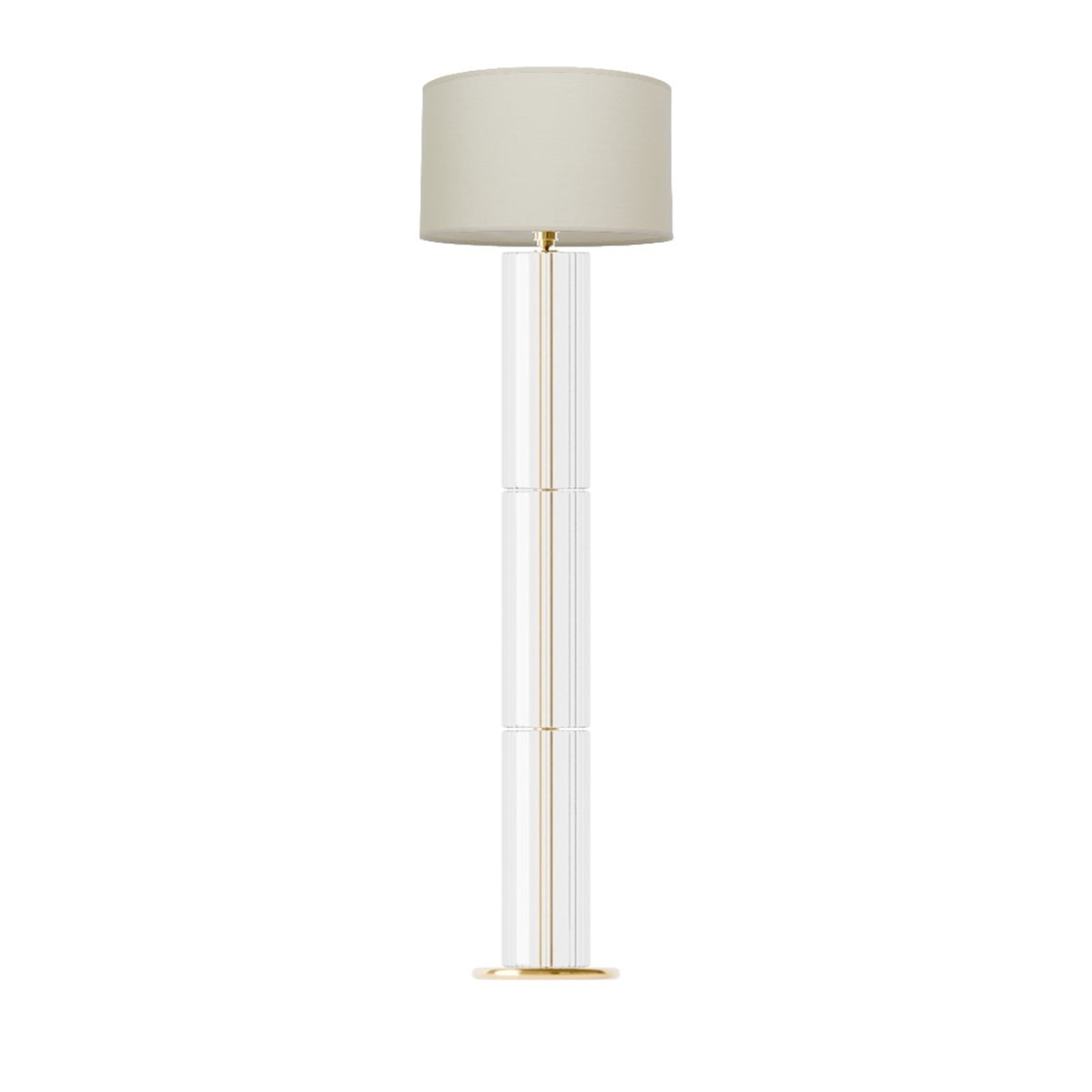 Leverint Piccadilly Trio Floor Lamp in ribbed glass, three stacked cylinders with vertical ribs, studio shot on white with a cream drum shade shown (not included)