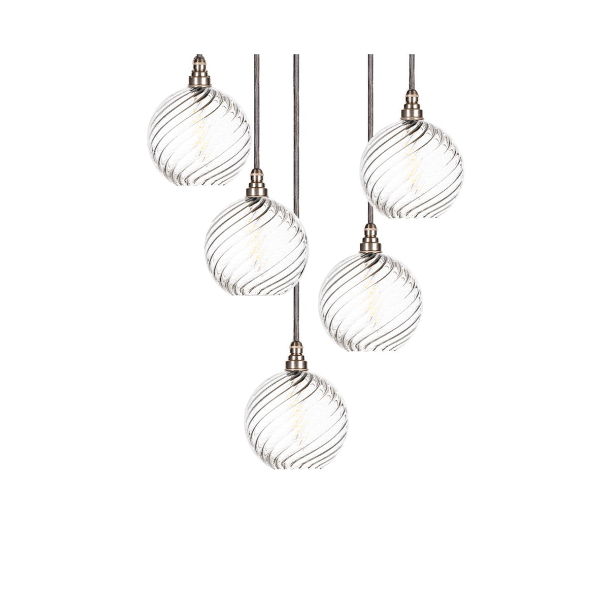 Leverint Pimlico cascade cluster of five clear twisted ribbed glass globe pendants at different heights with silver toned lamp holders and dark grey flex, studio shot on white