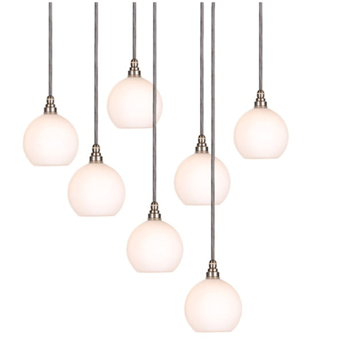 Leverint Pimlico cascade cluster of seven opal white glass globe pendants at different heights with silver toned lamp holders and grey flex, studio shot on white