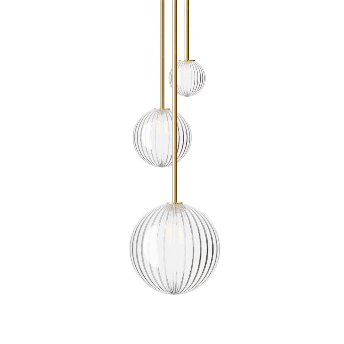 Leverint Pimlico Cascade Sealed Cluster 3 Way Rod, studio shot on white of three ribbed clear glass globes in three sizes hanging on brass coloured rods of different lengths