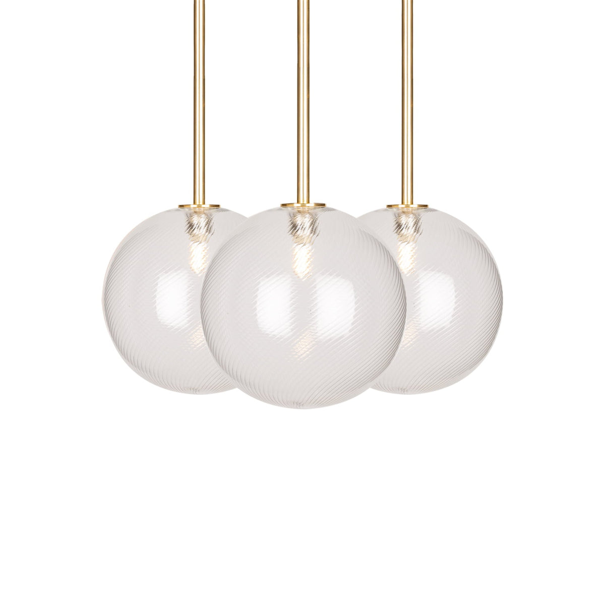 Leverint Pimlico Flush Cluster 3 Way Rod, three spiral ribbed clear glass globes with lit filament bulbs on brass coloured rods, studio shot on white