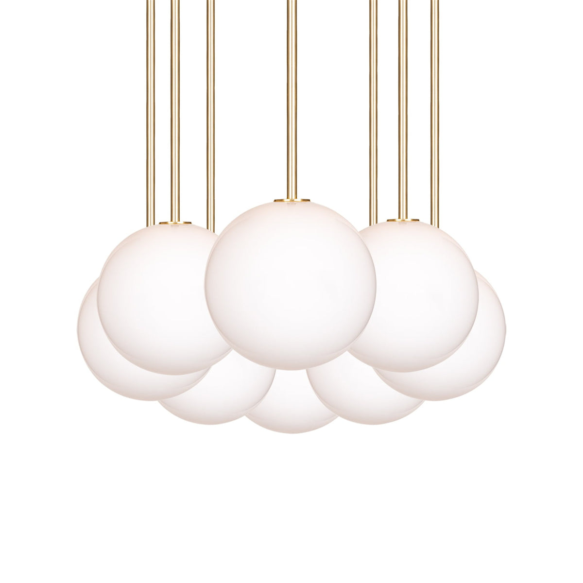 Leverint Pimlico Flush Cluster 8 Way Rod, a cloud of opal white glass globes on slim brass coloured rods at different heights, studio shot on white