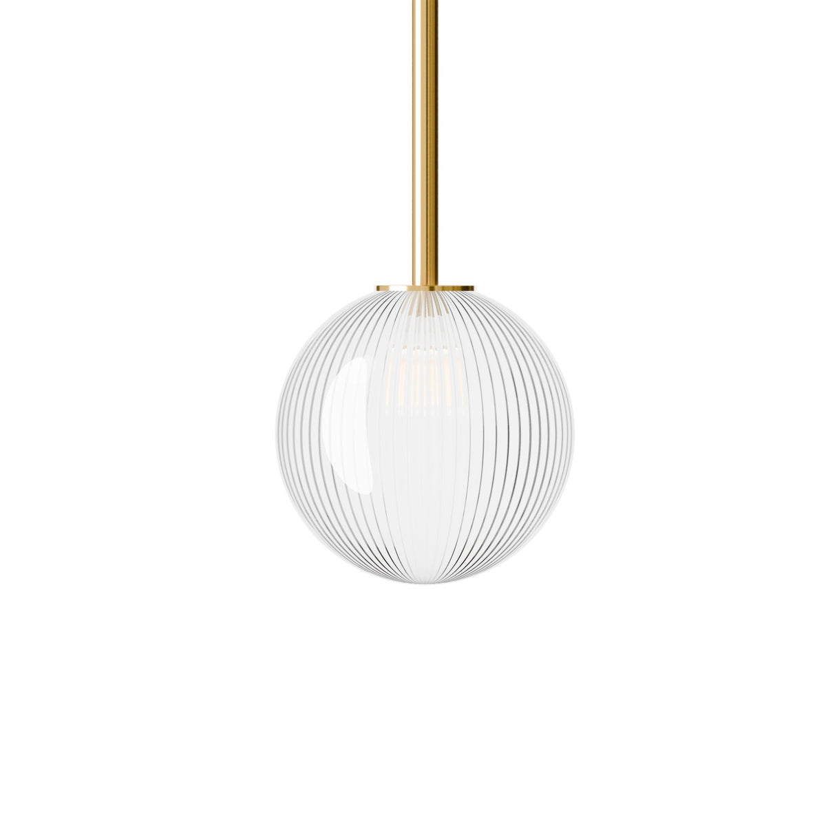 Leverint Pimlico Mini Sealed Rod Pendant in fine ribbed glass on a polished brass rod, studio shot on white