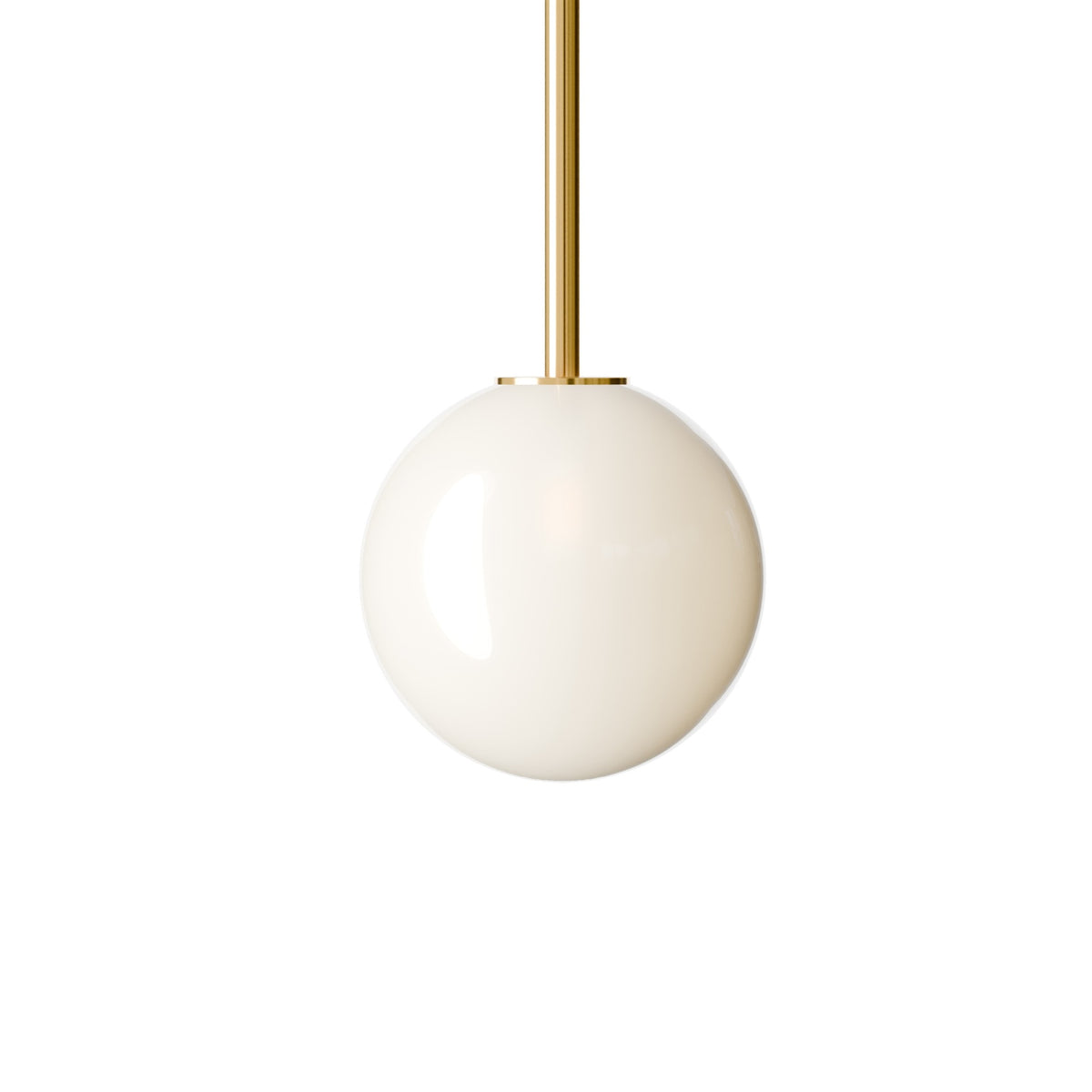 Leverint Pimlico Mini Sealed Rod Pendant in smooth opaque white glass on a polished brass rod, studio shot on white