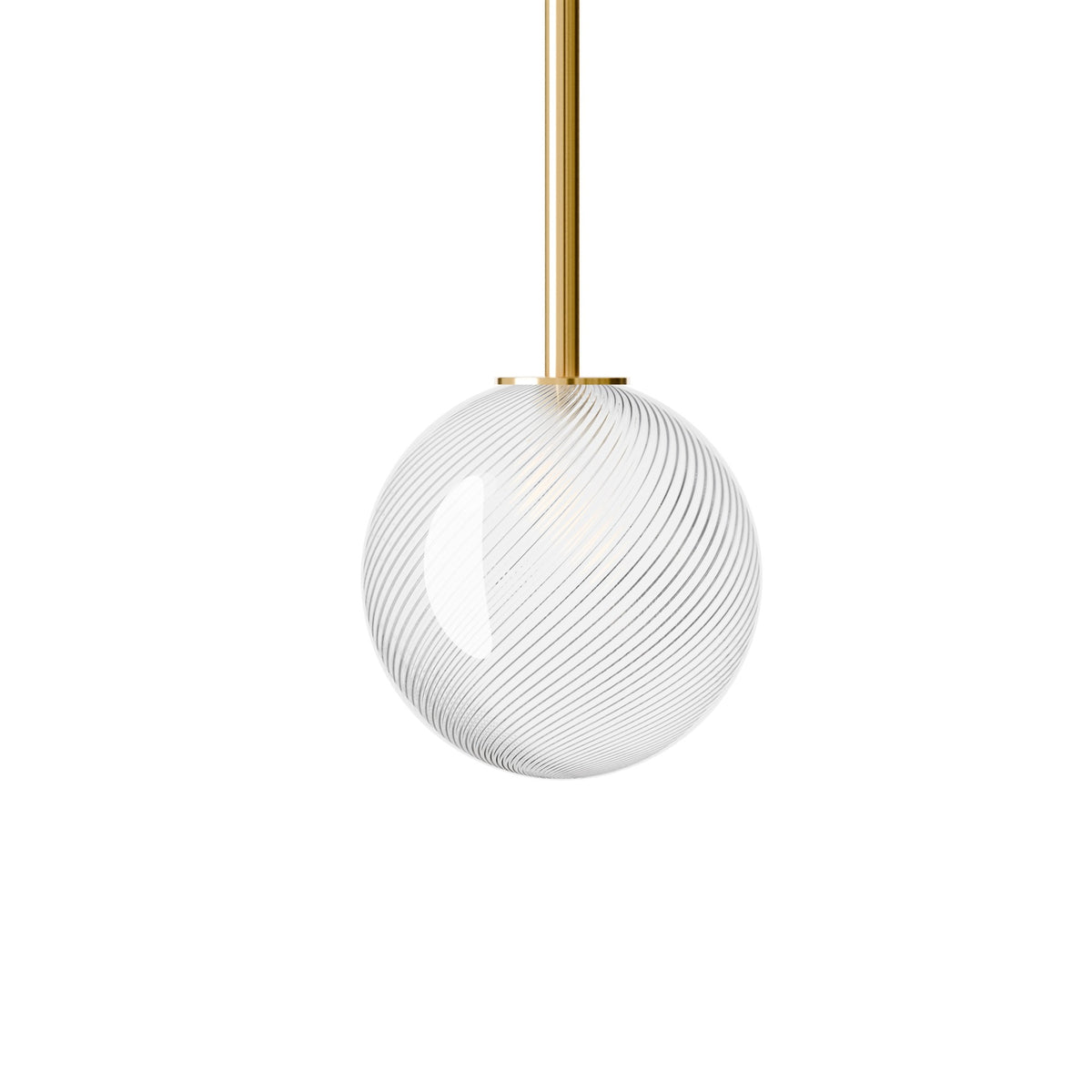Leverint Pimlico Mini Sealed Rod Pendant in ribbed twist glass with diagonal twisted ribs on a polished brass rod, studio shot on white