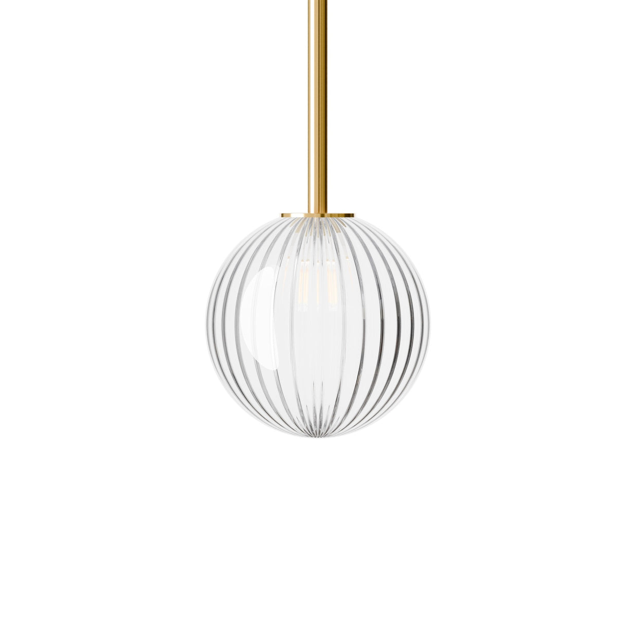 Leverint Pimlico Mini Sealed Rod Pendant in ribbed glass with broad vertical ribs on a polished brass rod, studio shot on white