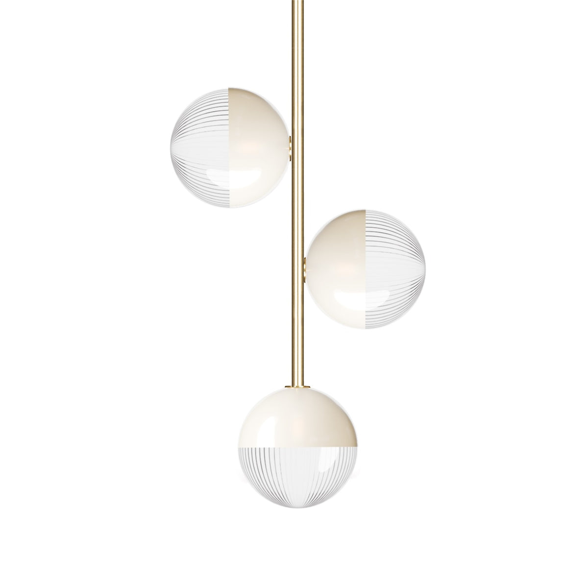 Leverint Pimlico Sealed Rod Pendant 3 Way, studio shot on white of three globes in part white and part clear lined glass at different heights on a vertical brass toned rod