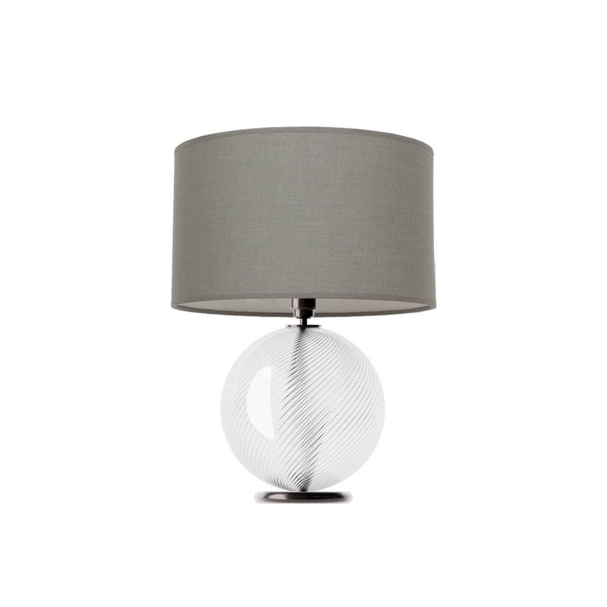 Leverint Pimlico Table Lamp in fine ribbed twist glass, a round glass sphere with fine diagonal ribs on a dark metal base, studio shot on white with a grey drum shade (shade not included)