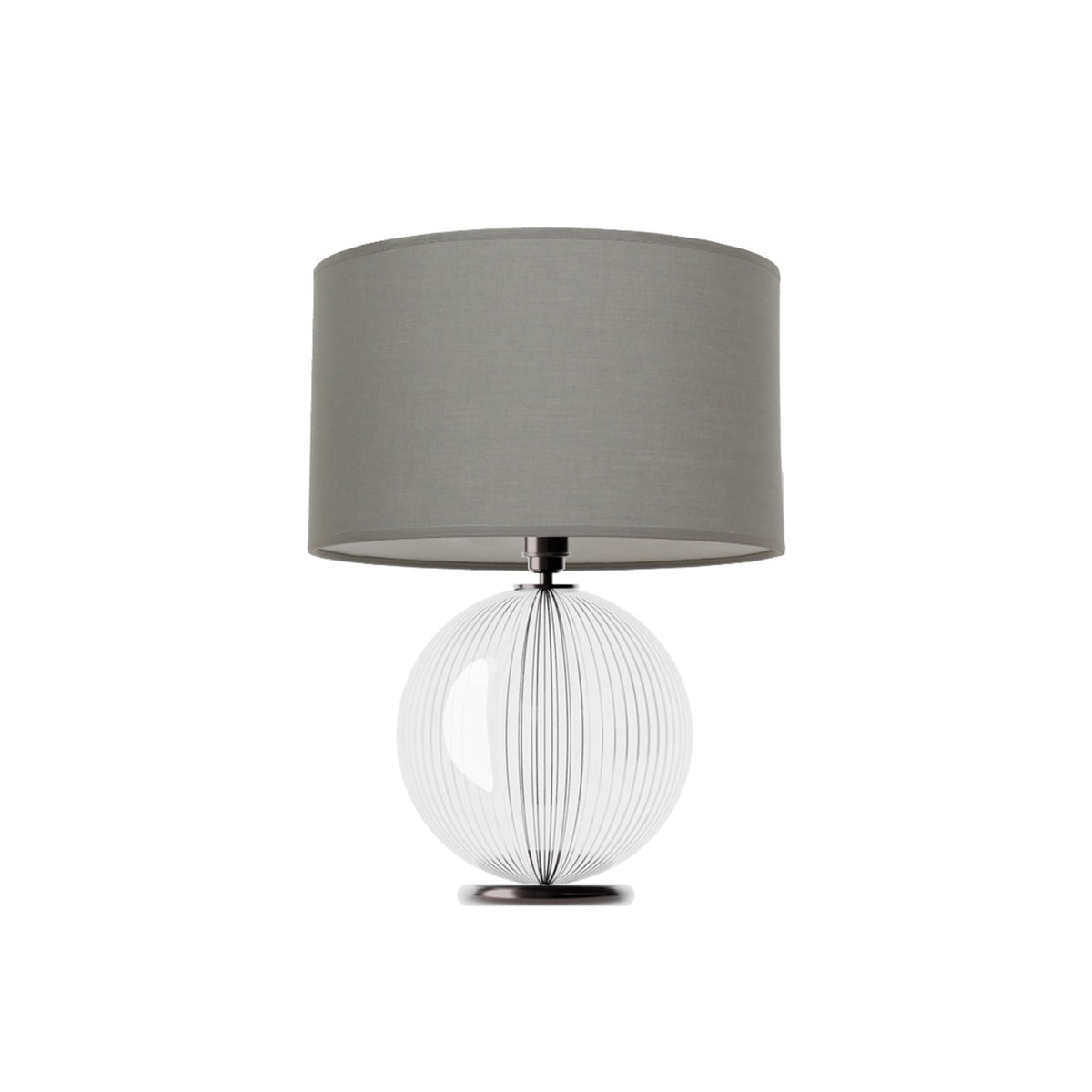 Leverint Pimlico Table Lamp in fine ribbed glass with narrow vertical ribs around the sphere, studio shot on white with a grey drum shade (not included)
