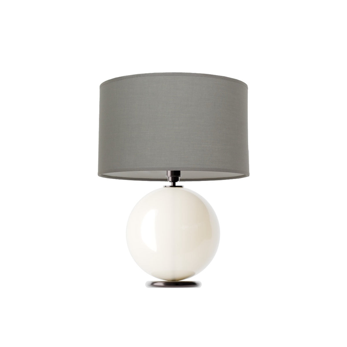 Leverint Pimlico Table Lamp in glossy opaque white glass sphere, studio shot on white with a grey drum shade (not included)