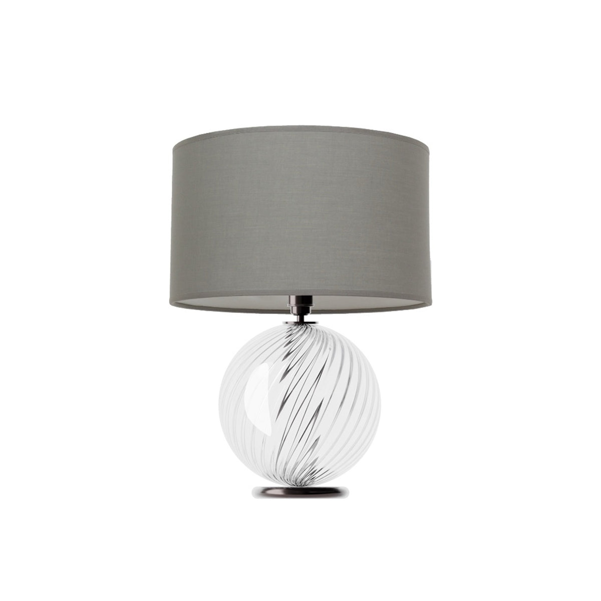 Leverint Pimlico Table Lamp in ribbed twist glass with bold diagonal ribs swirling around the sphere, studio shot on white with a grey drum shade (not included)