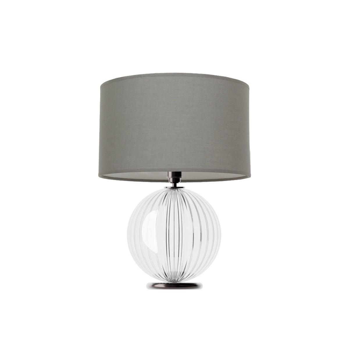 Leverint Pimlico Table Lamp in ribbed glass with vertical ribs around the sphere, studio shot on white with a grey drum shade (not included)