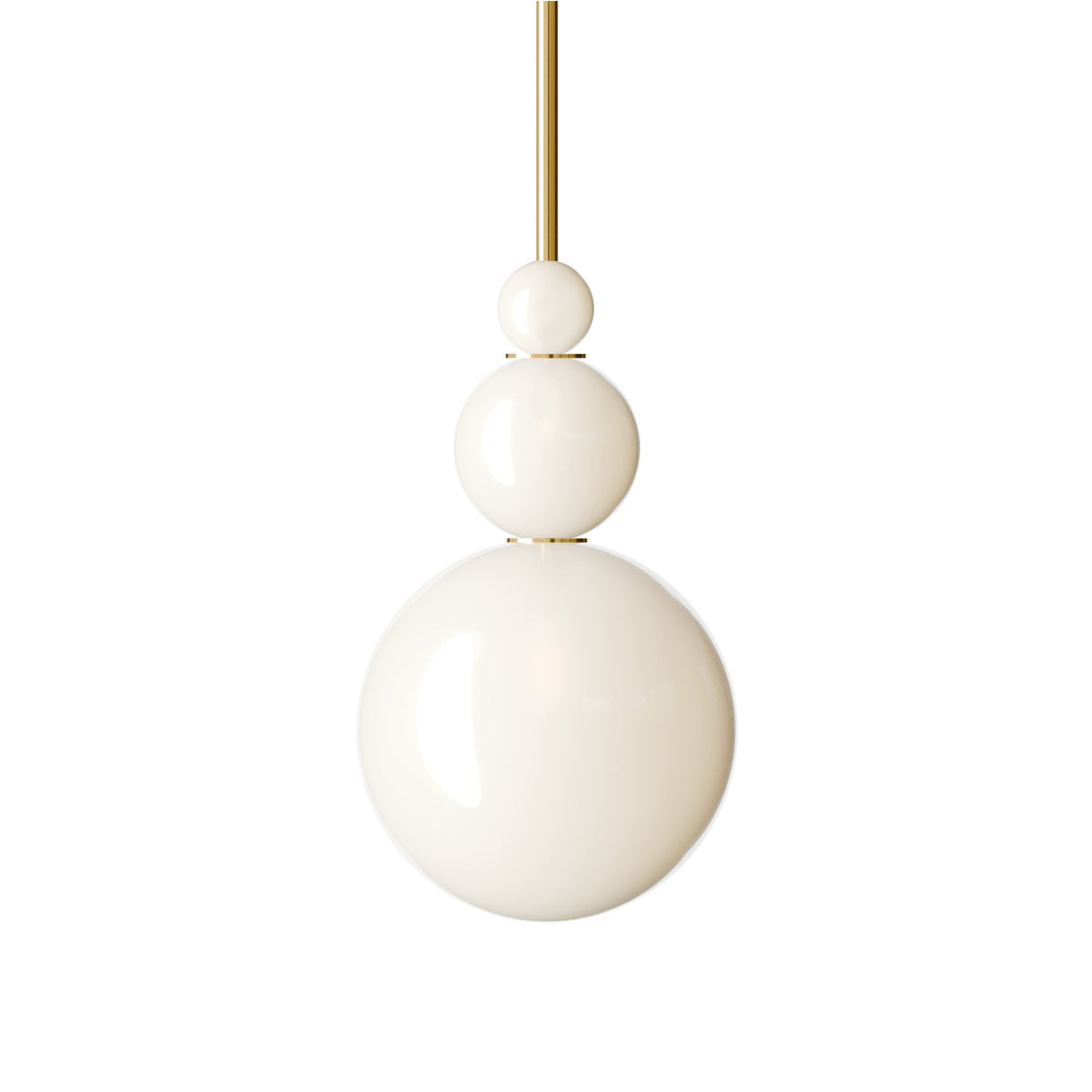Leverint Pimlico Trio Sealed Rod Pendant with three stacked smooth opaque white glass spheres on a polished brass rod, studio shot on white