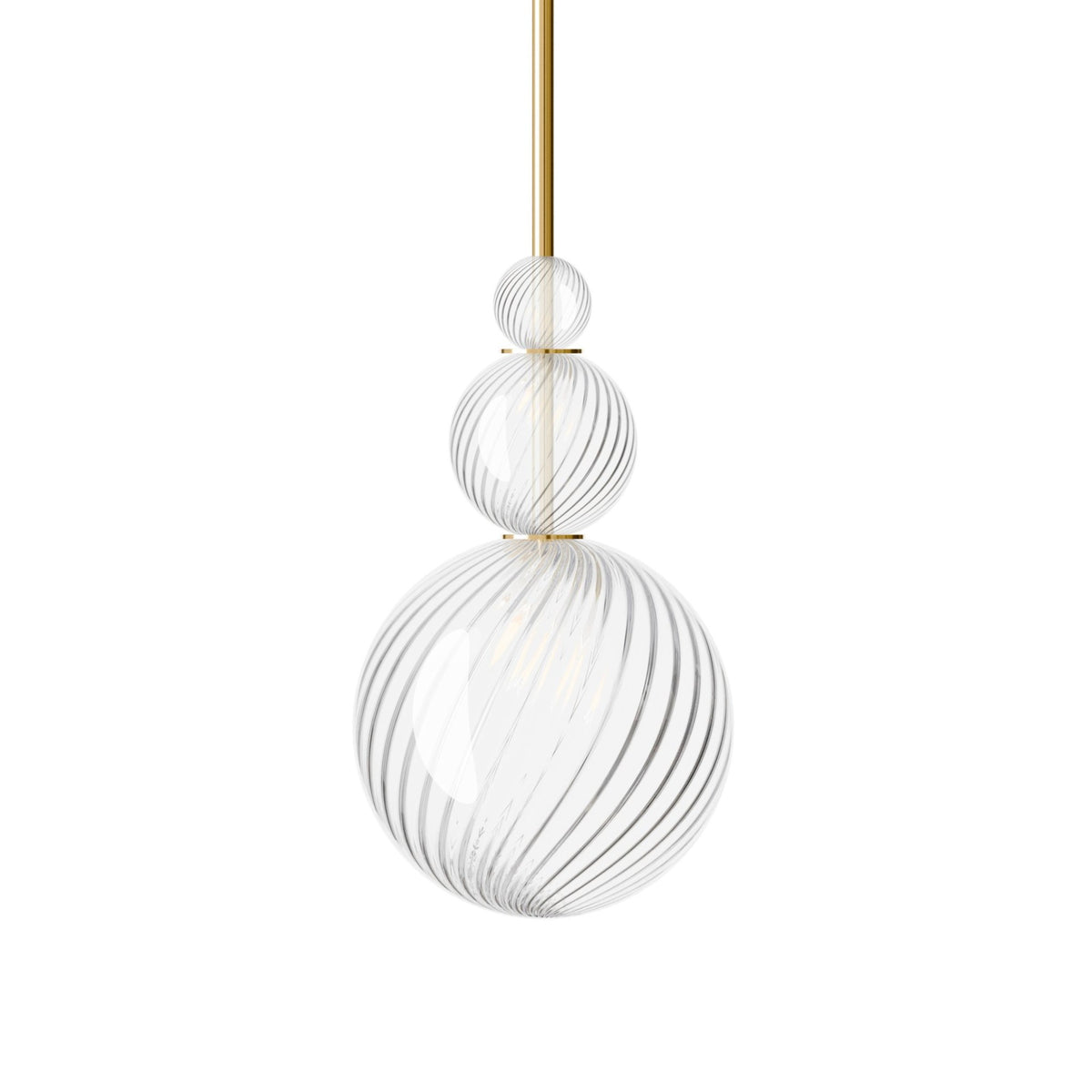 Leverint Pimlico Trio Sealed Rod Pendant with three stacked ribbed twist glass spheres with broad diagonal twisted ribs on a polished brass rod, studio shot on white