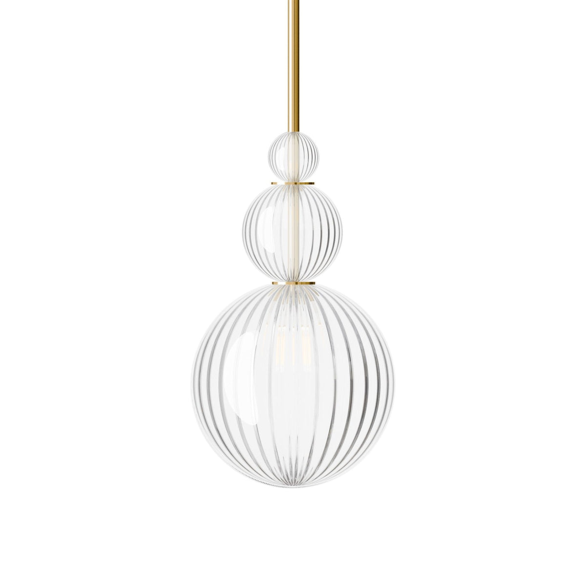Leverint Pimlico Trio Sealed Rod Pendant with three stacked ribbed glass spheres with broad vertical ribs on a polished brass rod, studio shot on white