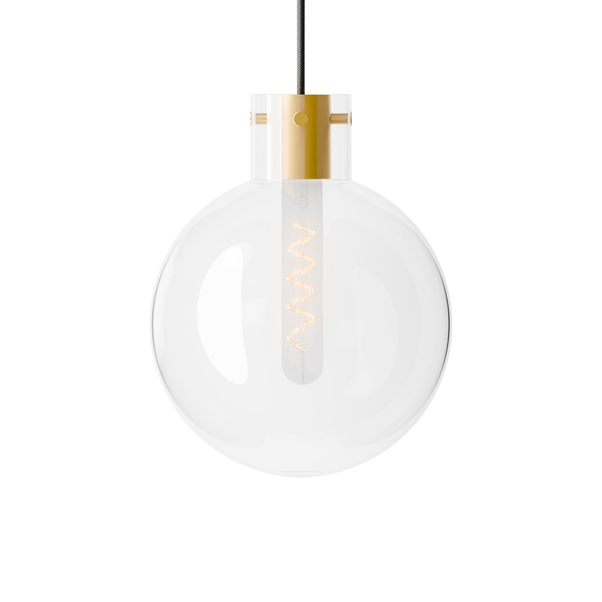 Leverint Pimlico V2 pendant in clear glass with a brass toned collar and a spiral filament bulb visible inside, studio shot on white