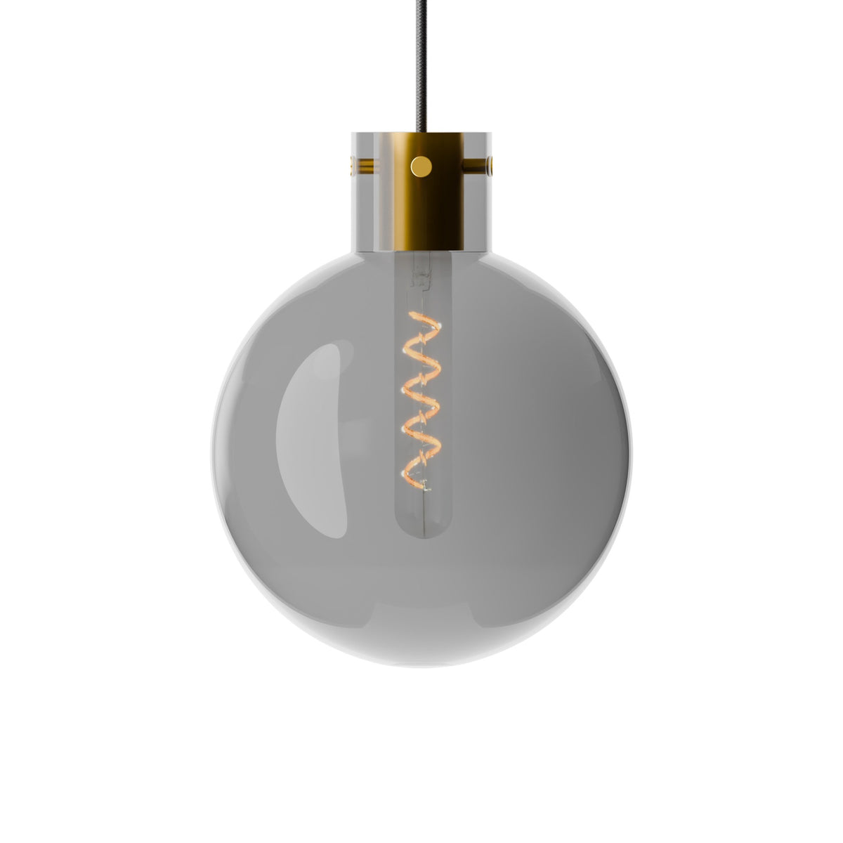 Leverint Pimlico V2 pendant in smoky transparent black glass with a brass toned collar and spiral filament bulb visible inside, studio shot on white
