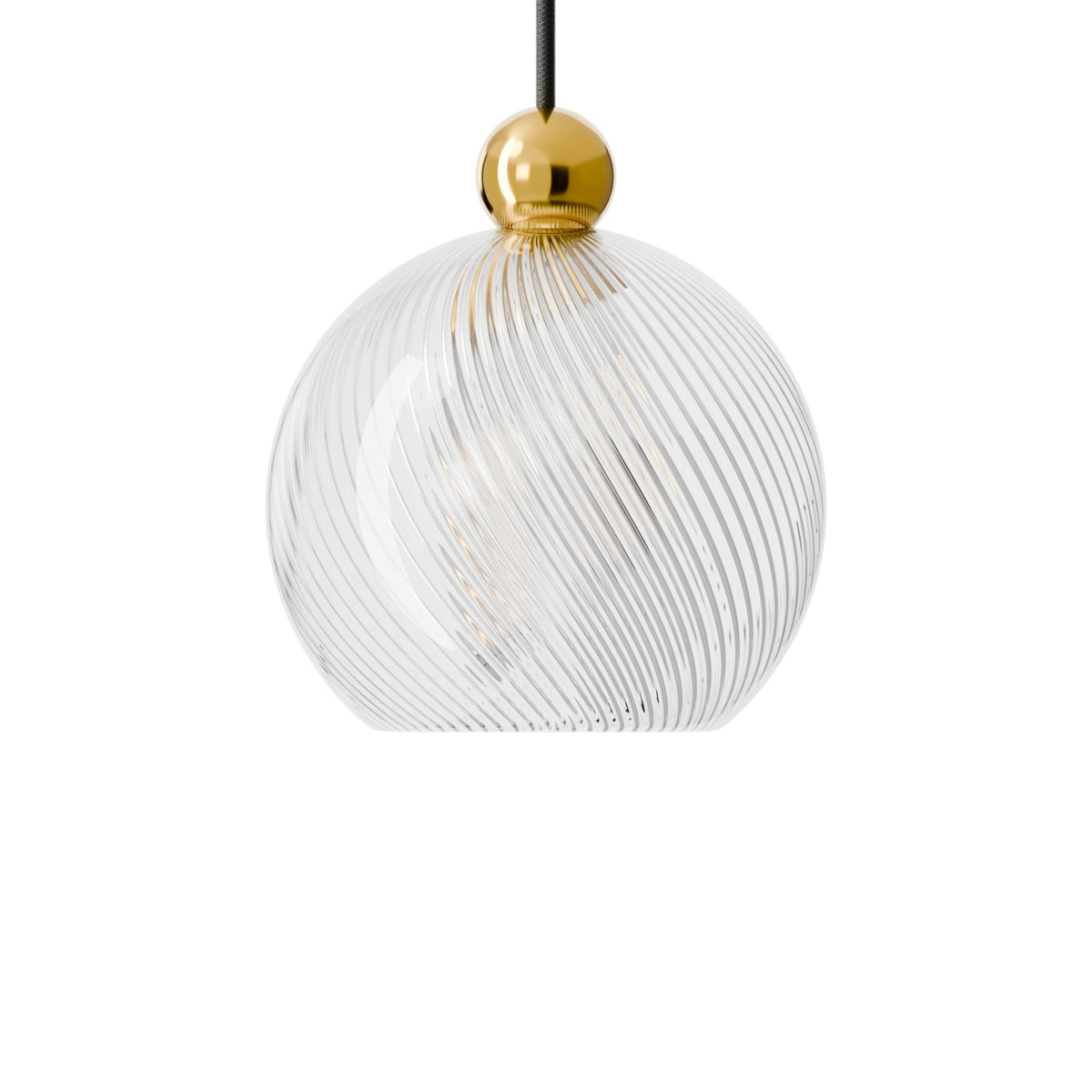 Leverint Pimlico V3 pendant in fine ribbed twist glass with fine diagonal twisted ribs under a polished brass toned ball, studio shot on white