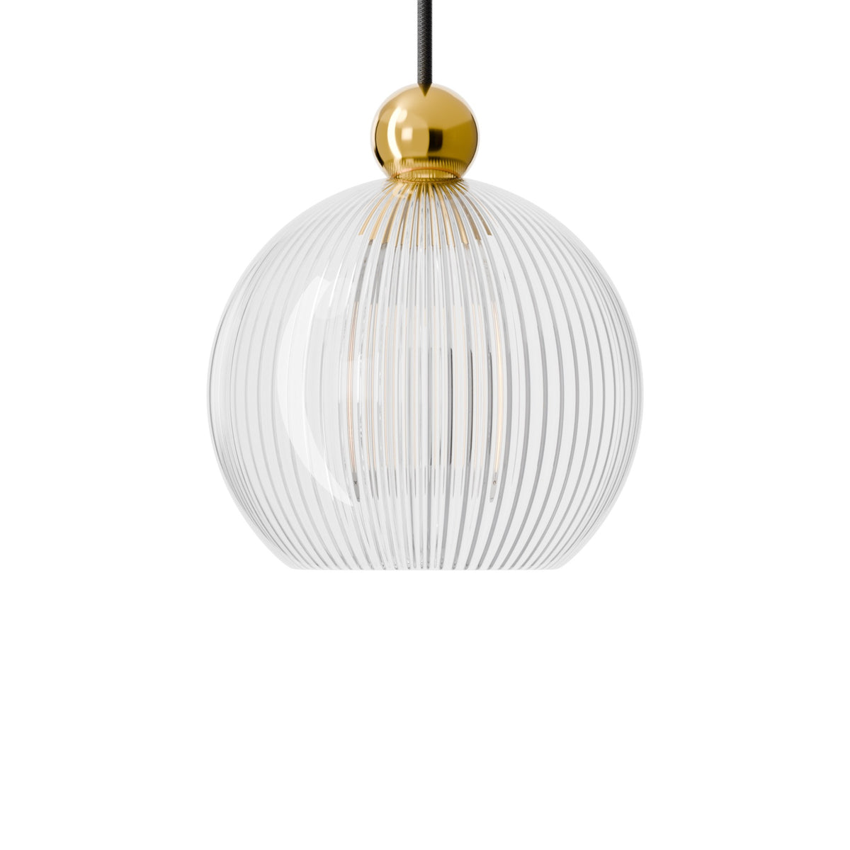 Leverint Pimlico V3 pendant in fine ribbed glass with close set vertical ribs under a polished brass toned ball, studio shot on white