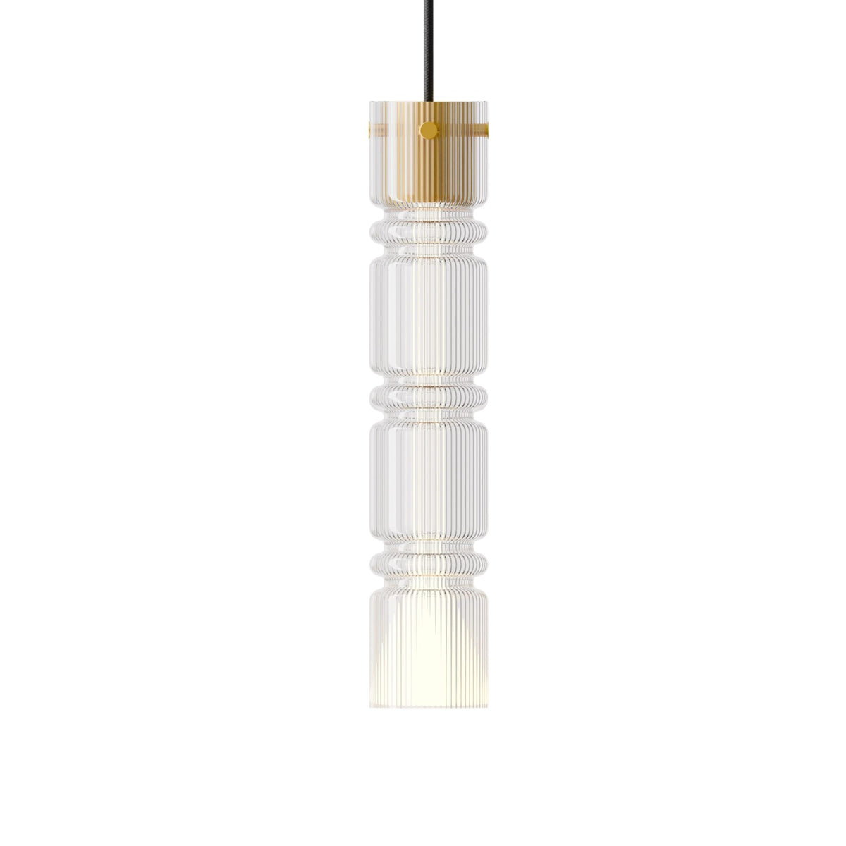 Leverint Queensway Large Pendant in fine ribbed glass with raised rings and a brass toned collar, studio shot on white with a black flex