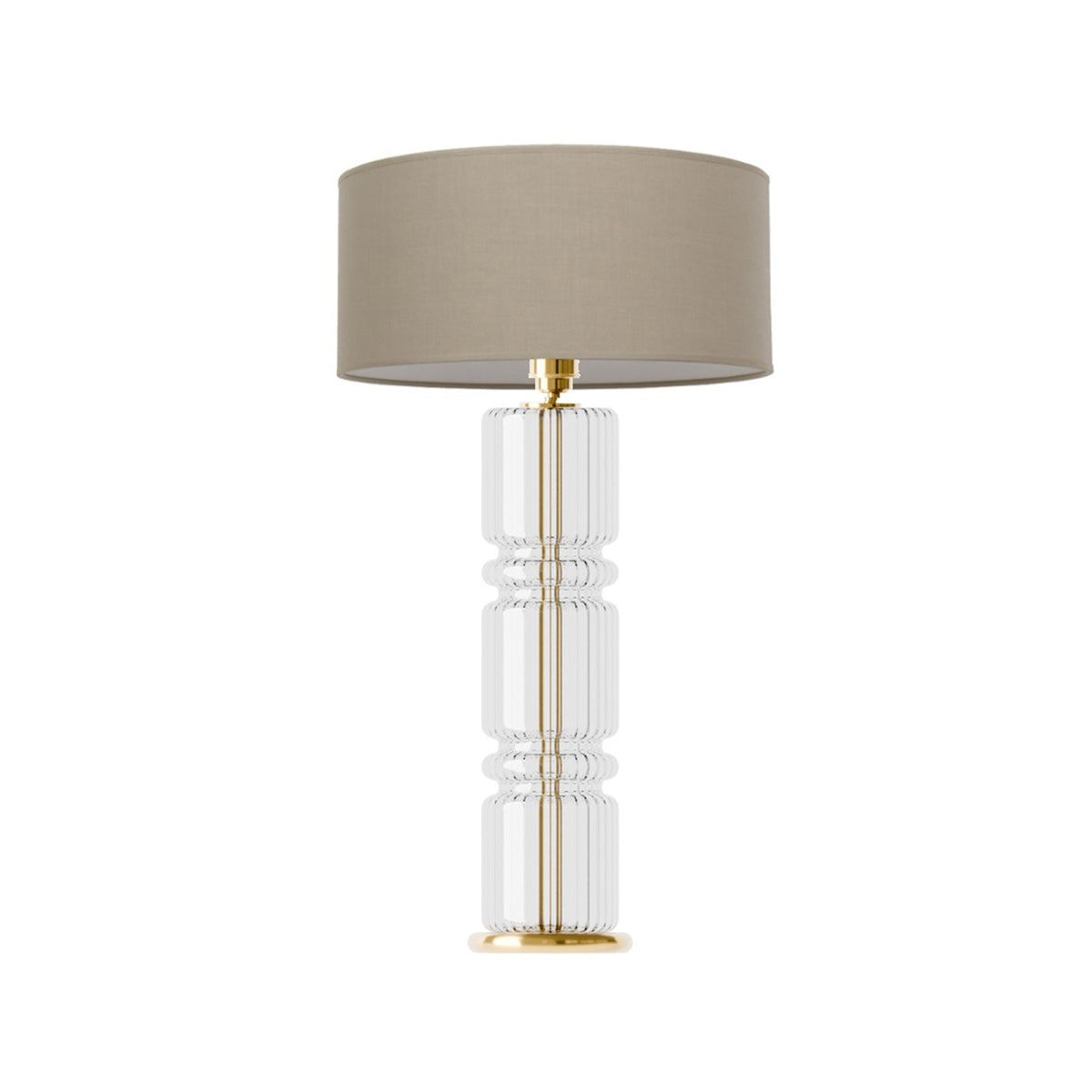 Leverint Queensway Table Lamp in fine ribbed glass, a stacked column of three rounded sections with a polished brass stem visible through the glass, studio shot on white with a taupe drum shade (shade not included)