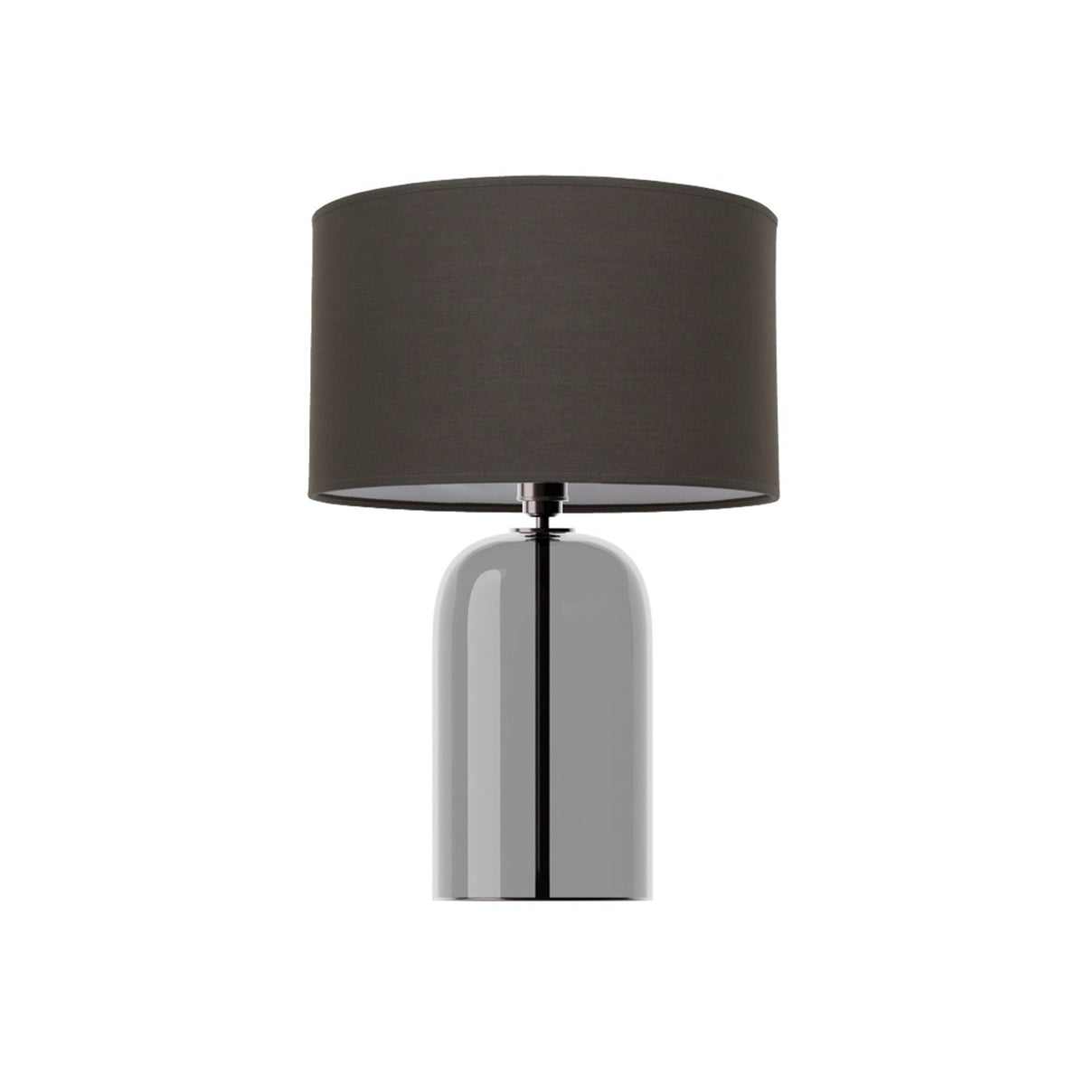 Leverint Richmond Table Lamp in smoky transparent black glass with a slim dark metal stem visible through the body, studio shot on white with a dark drum shade (not included)