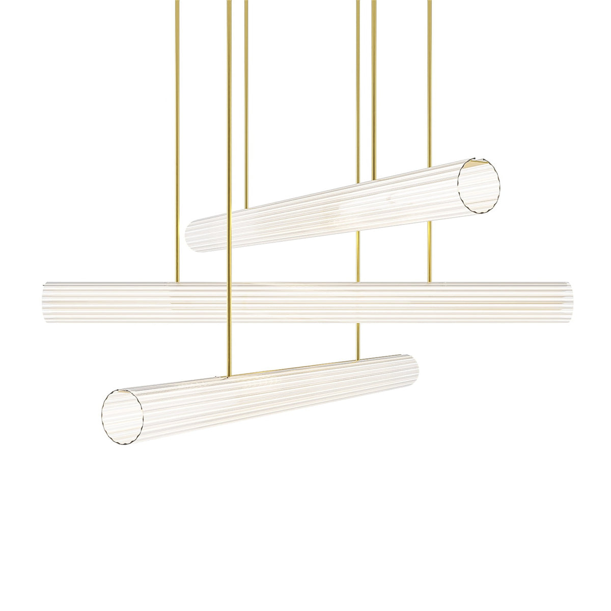 Leverint Temple Chandelier 3 Way, three long ribbed glass tubes hanging at different angles from slim brass toned rods, studio shot on white