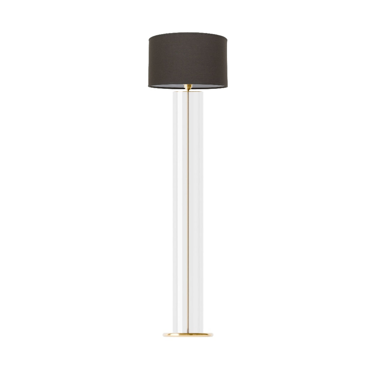 Leverint Temple Floor Lamp in clear glass, a wide glass column with a thin metal rod up the centre on a brass coloured round base, studio shot on white with a dark drum shade shown (not included)