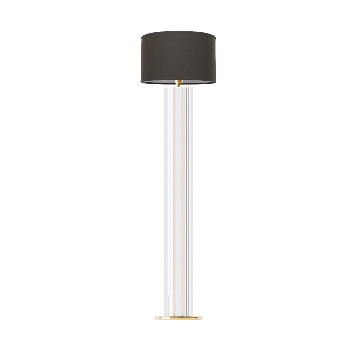 Leverint Temple Floor Lamp in ribbed glass with vertical ribs along a wide column on a brass coloured round base, studio shot on white with a dark drum shade shown (not included)