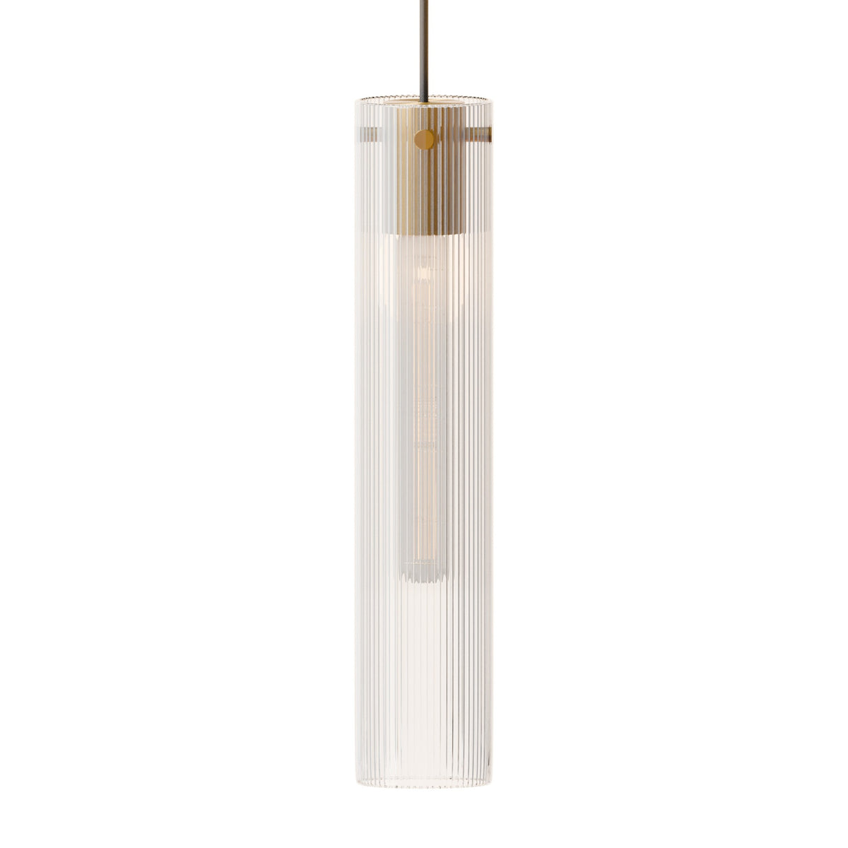 Leverint Temple Large Pendant in fine ribbed glass with tight vertical flutes and a brass toned collar, studio shot on white with a tube bulb visible inside