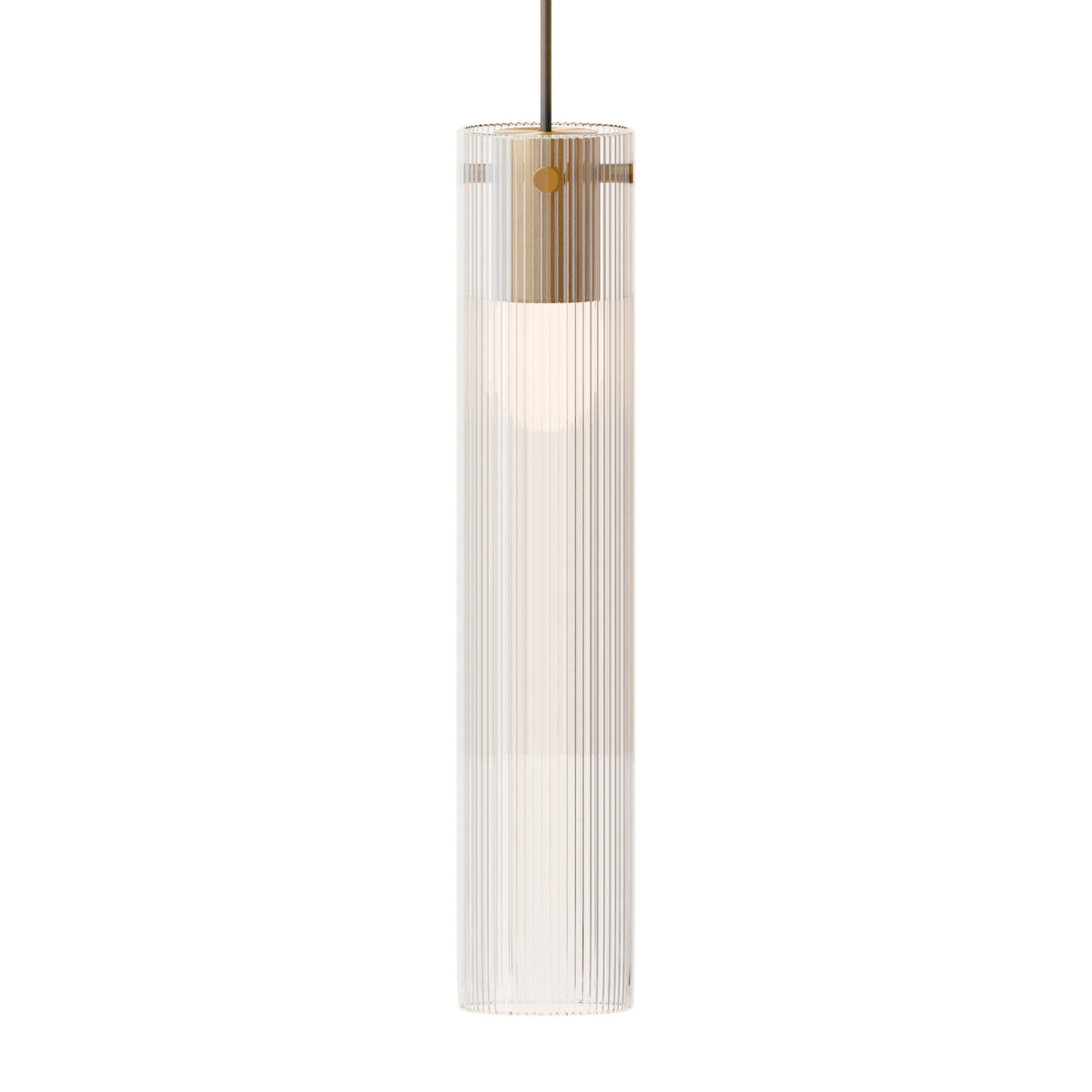 Leverint Temple Large Pendant in fine ribbed glass with a brass toned collar, studio shot on white with a soft warm glow inside the tall shade below the collar