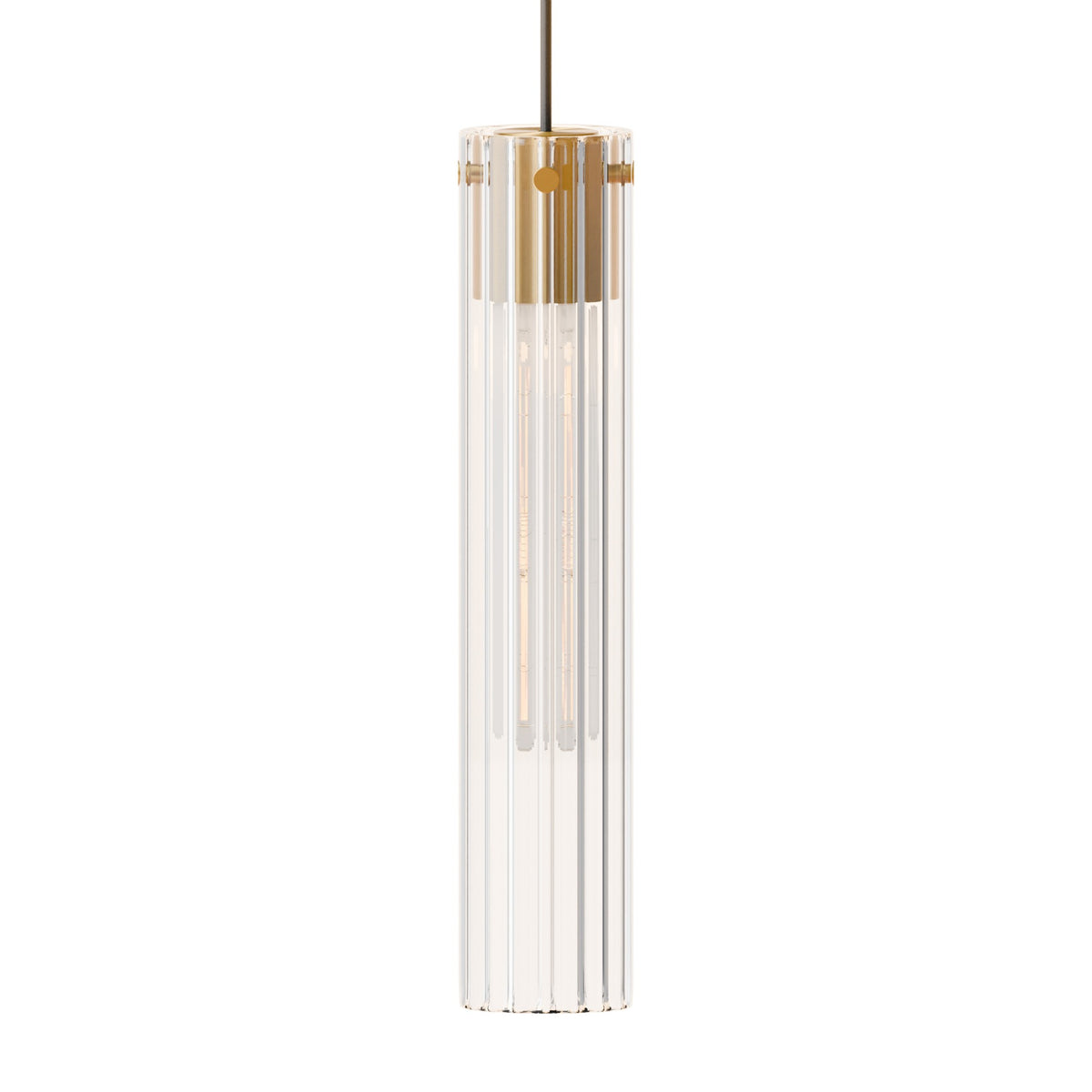 Leverint Temple Large Pendant in ribbed glass with a brass toned collar and dark flex, studio shot on white with a slim tube bulb visible inside the tall shade