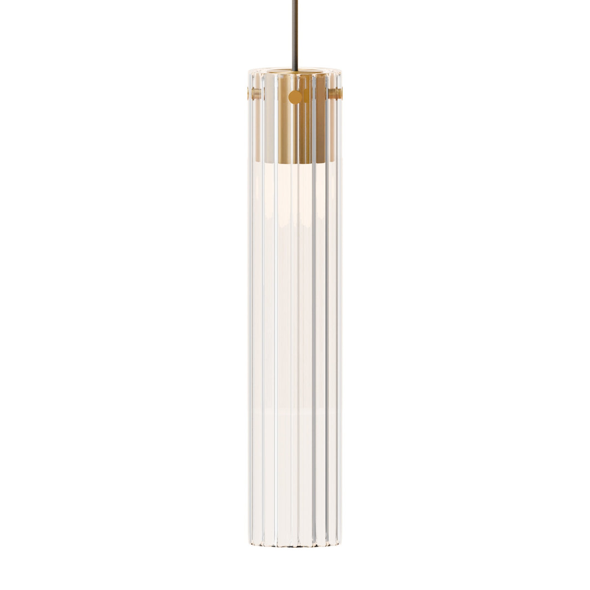 Leverint Temple Large Pendant in ribbed glass with a brass toned collar, studio shot on white with a soft warm glow inside the tall shade below the collar