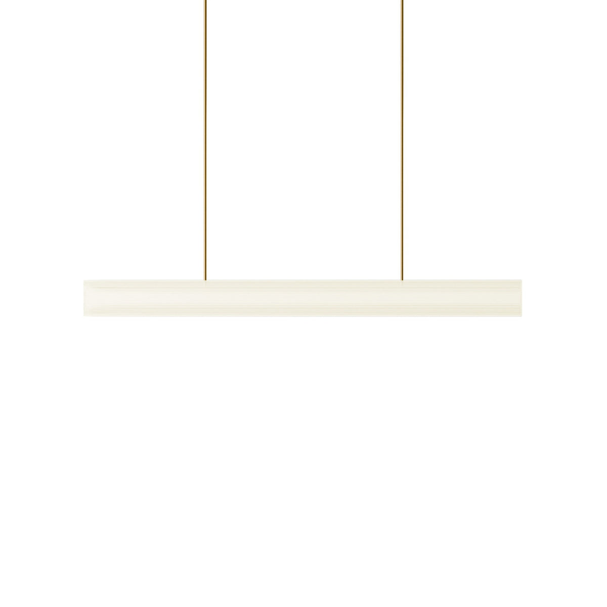 Leverint Temple Large Rod Pendant in fine ribbed glass, a long horizontal glass bar with very fine ribbing hung from two slim brass coloured rods, studio shot on white