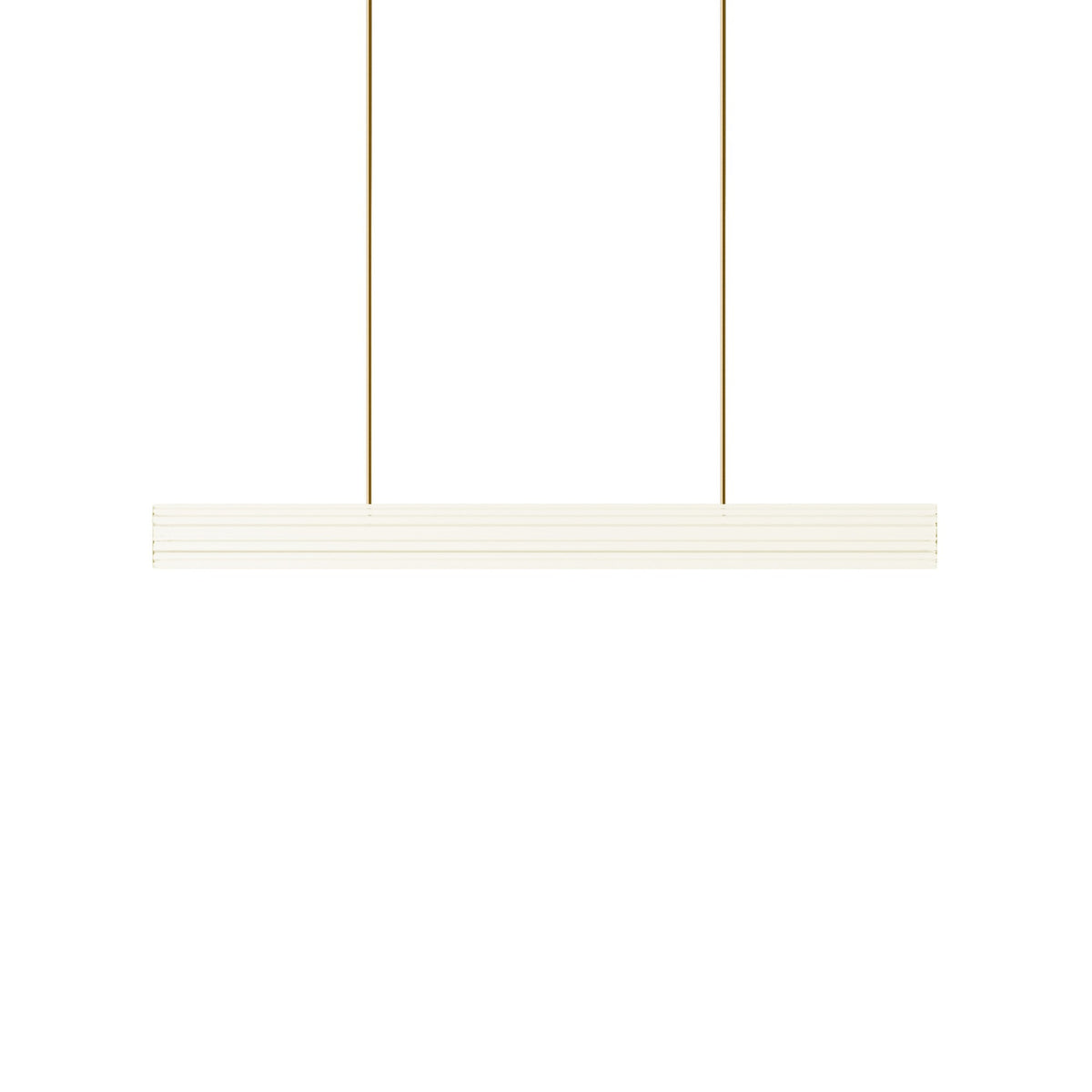 Leverint Temple Large Rod Pendant in ribbed glass, a long horizontal glass bar hung from two slim brass coloured rods, studio shot on white